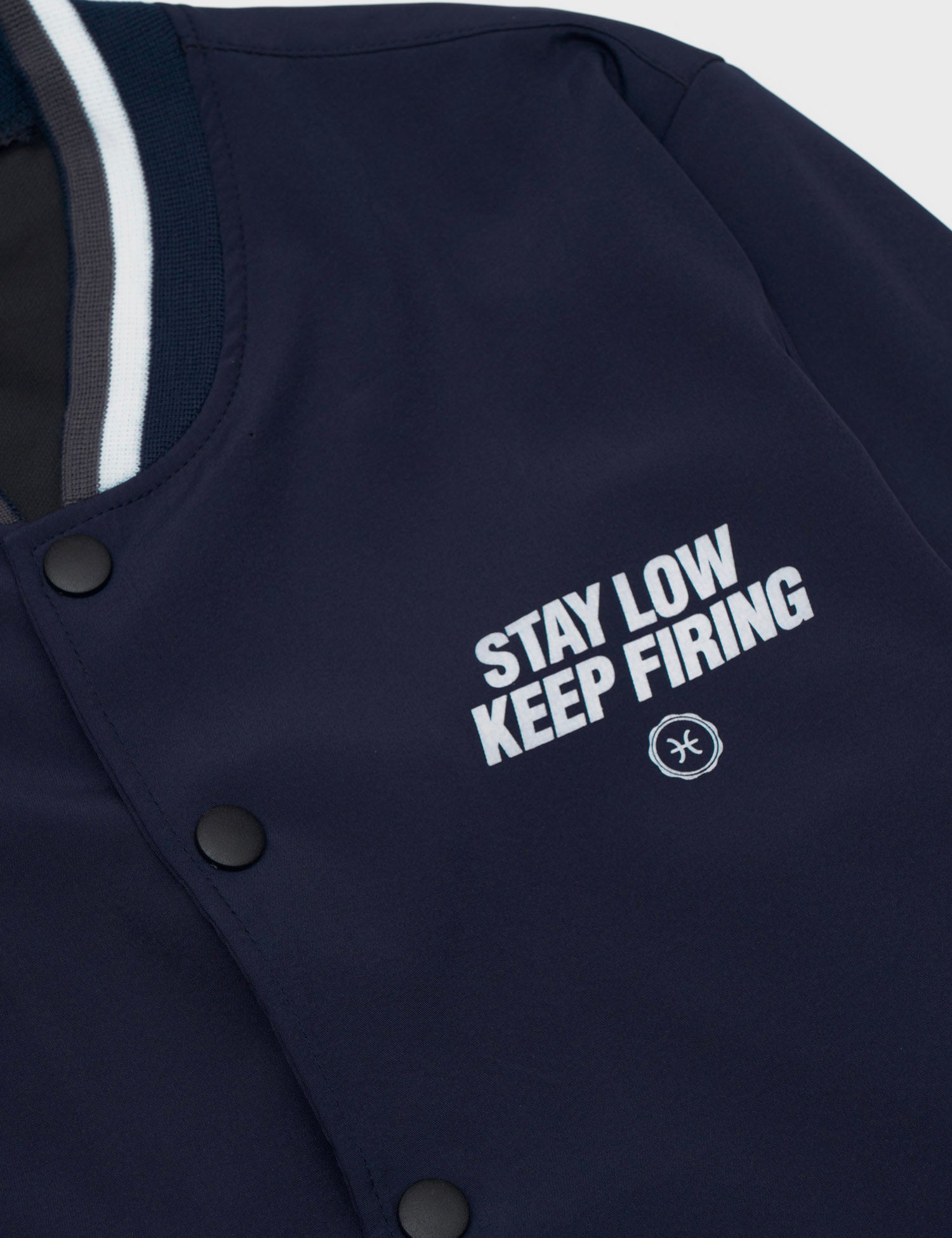 Stay Low Keep Firing Lite Varsity Jacket (Navy)