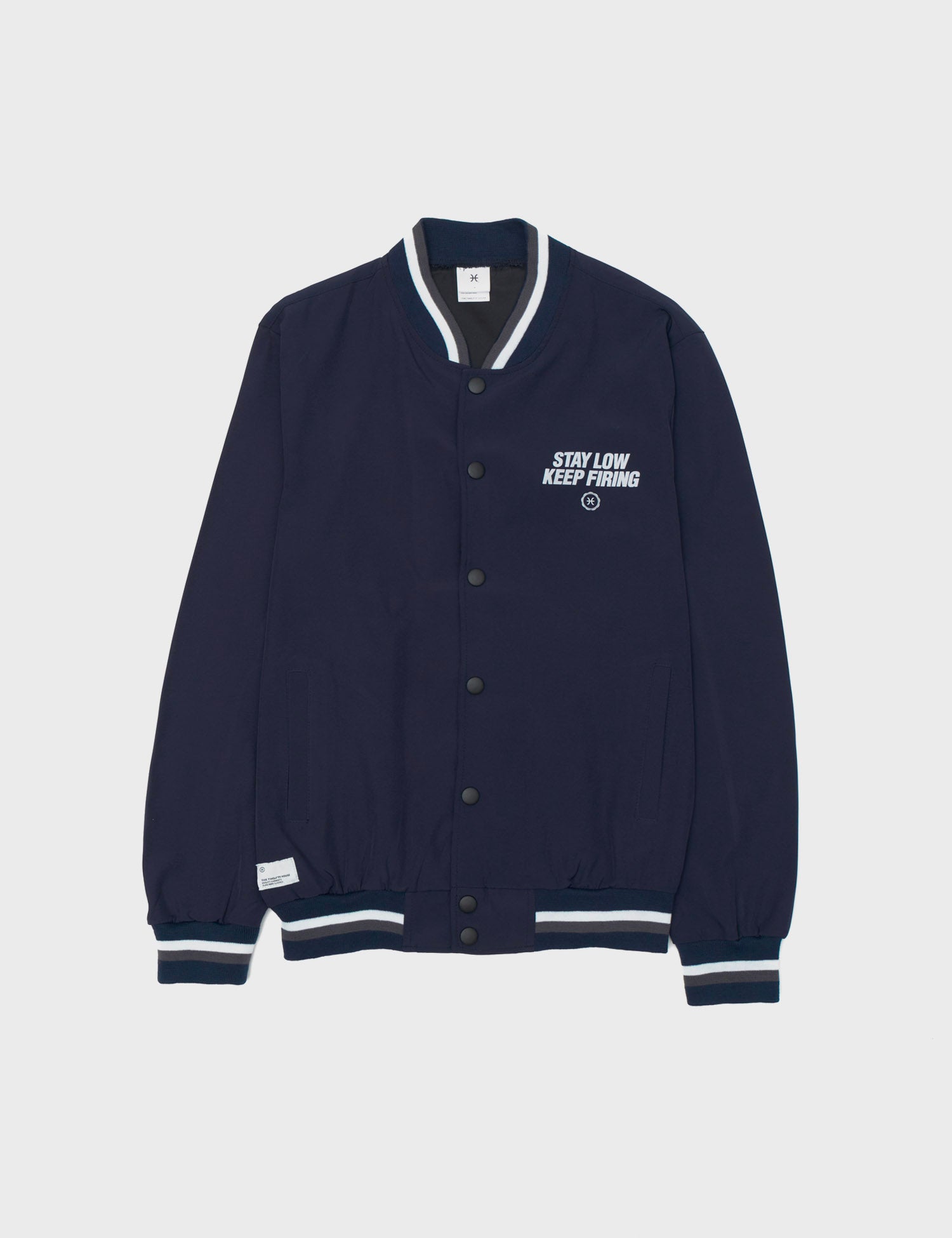 Stay Low Keep Firing Lite Varsity Jacket (Navy)